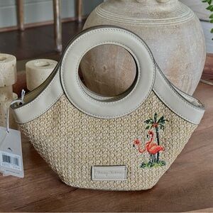 Brand New Tommy Bahama Mini Flamingo Embroidered Woven Tote Bag